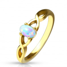 Inel din oțel de culoare aurie - opal sintetic cu reflexe curcubeu, brațe întrețesute între ele - Marime inel: 54
