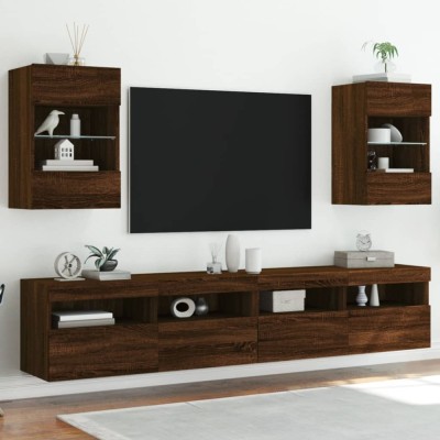 vidaXL Comode de perete cu lumini LED pentru TV, 2 buc. stejar maro, 40x30x60,5cm 837091 foto