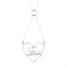 Colier din argint 925, lanţ şi pandantiv - contur de inimă, cuvântul Love