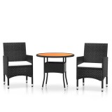 Set bistro de gradina, 3 piese, negru, poliratan si lemn masiv