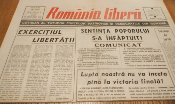 ROMANIA LIBERA Marti 26 Decembrie 1989 (serie noua) - 4 pagini - SENTINTA POPORULUI S-A INFAPTUIT ! - Comunicat