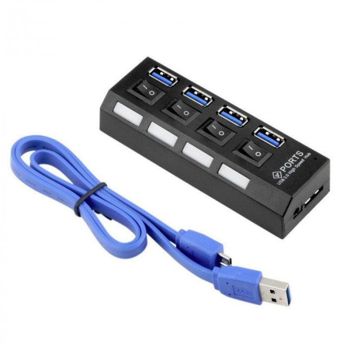 USB Hub Techstar&reg; HB4, 3.0 High Speed, 4 Port USB 3.0, Buton On/Off, Conexiune USB 3.0 de mare viteza, USB