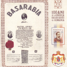 ROMANIA 2018 - 100 ANI DE LA UNIREA BASARABIEI CU ROMANIA, COLITA - LP 2186a