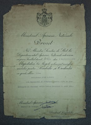 Brevet de decorare cu medalia &amp;quot;Bărbăție si credință&amp;quot; (1942 - gen. C.&amp;nbsp;Pantazi) foto