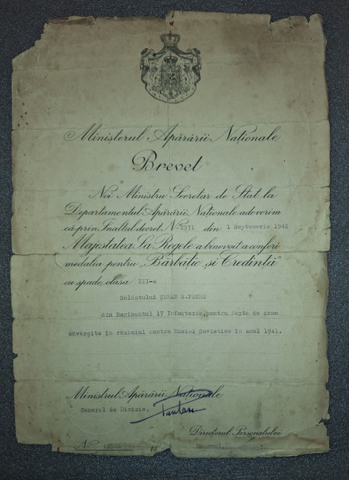 Brevet de decorare cu medalia &quot;Bărbăție si credință&quot; (1942 - gen. C.&nbsp;Pantazi)