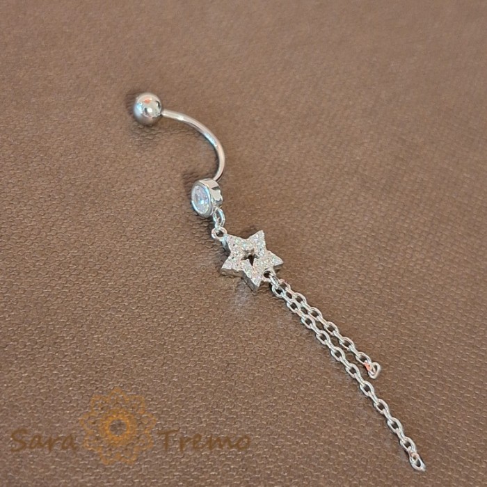 Piercing pentru buric din argint cu steluta si lanturi 5 cm, tija subtire