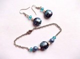 Set Bijuterii Murano: Bratara si Cercei Handmade, Cristale, Negru/Bleu/Mov, Cadou Femei