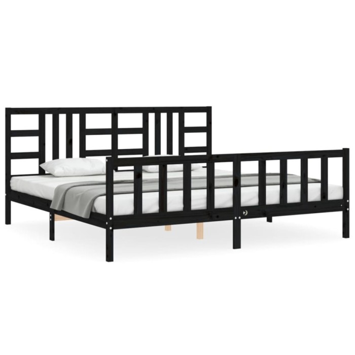 Cadru pat cu tablie 200x200 cm, negru, lemn masiv