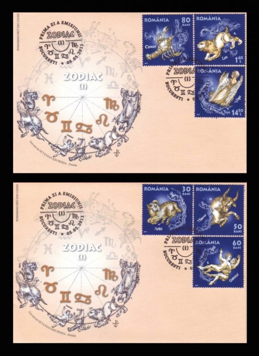 2011 Romania, 2 FDC Zodiac (I) LP 1900, Horoscop plicuri prima zi