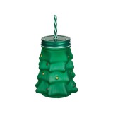 Pahar de Craciun din sticla cu pai si capac, bradut verde, 530 ml
