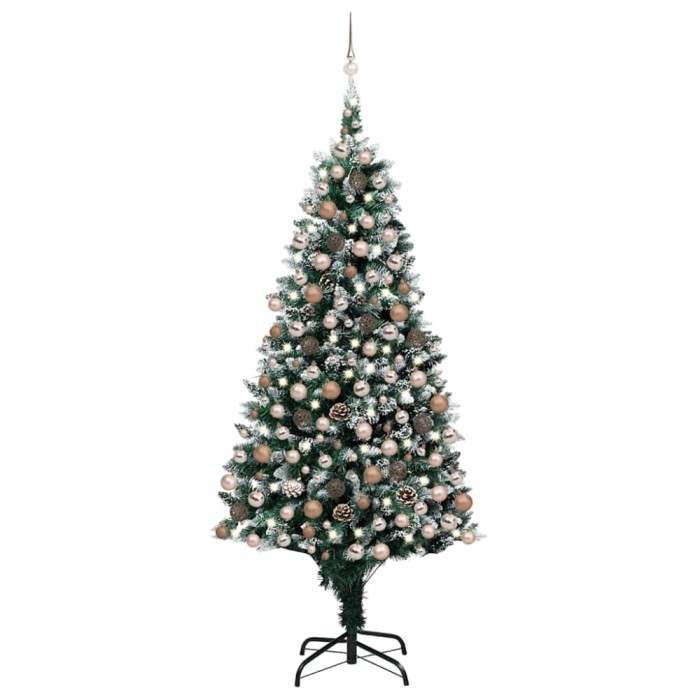Brad Crăciun artificial pre-iluminat globuri/conuri pin, 240 cm