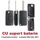 Set 2 bucati - Carcasa cheie briceag Topautochei&amp;#174; 3 butoane lumini, CU suport baterie, lamela VA2, compatibila cu Peugeot 307 308 407 si Citroen
