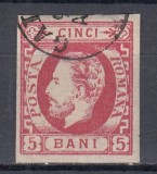 ROMANIA 1871/1872 LP 30 REGELE CAROL I CU BARBA 5 BANI ROSU STAMPILAT POINCON