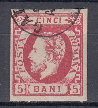 ROMANIA 1871/1872 LP 30 REGELE CAROL I CU BARBA 5 BANI ROSU STAMPILAT POINCON
