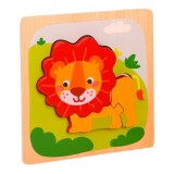 Puzzle montessori din lemn pentru copii, flippy, 3d, 0-3 ani, model leu, educativ, intuitiv, creativ, 3 piese, 15x15x0.5 cm, multicolor