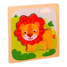 Puzzle montessori din lemn pentru copii, flippy, 3d, 0-3 ani, model leu, educativ, intuitiv, creativ, 3 piese, 15x15x0.5 cm, multicolor
