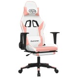 Scaun gaming de masaj/suport picioare, alb/roz, piele ecologica