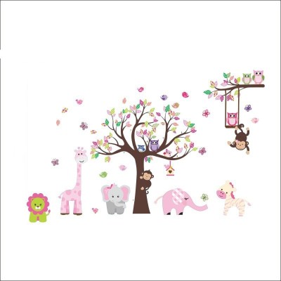 Sticker Decorativ Copac cu Animale de la Zoo, 153 x 239cm, Autocolant, Premium, CBD CORAL BEST DEALS Roz bombon 153 cm 239 cm 153 cm Roz bombon 1 Foli foto