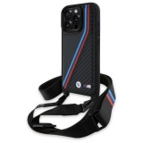 Husa pentru iPhone 16 Pro - BMW Leather M Edition Carbon Tricolor Lines &amp; Strap (BMHCP16L23PSVTK) - Black