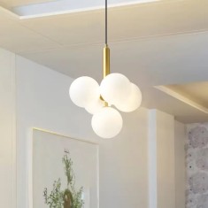 Lustră modernă 5 globuri G9, forma strugure, corp auriu, &icirc;nălțime reglabilă