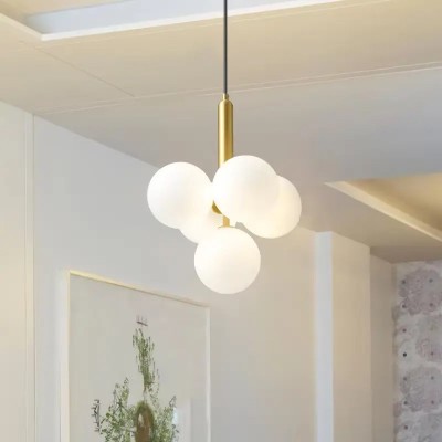 Lustră modernă 5 globuri G9, forma strugure, corp auriu, &amp;icirc;nălțime reglabilă foto