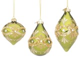 Set 6 globuri brad Craciun sticla verde sclipici auriu Garish 7x7x10h; 8x8x9h; 6,8x6,8x13h