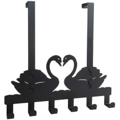 Cuier metalic pentru usa in forma de lebada, cu carlige &ndash; suport decorativ și practic pentru haine și accesorii, 33 x 18 cm, negru