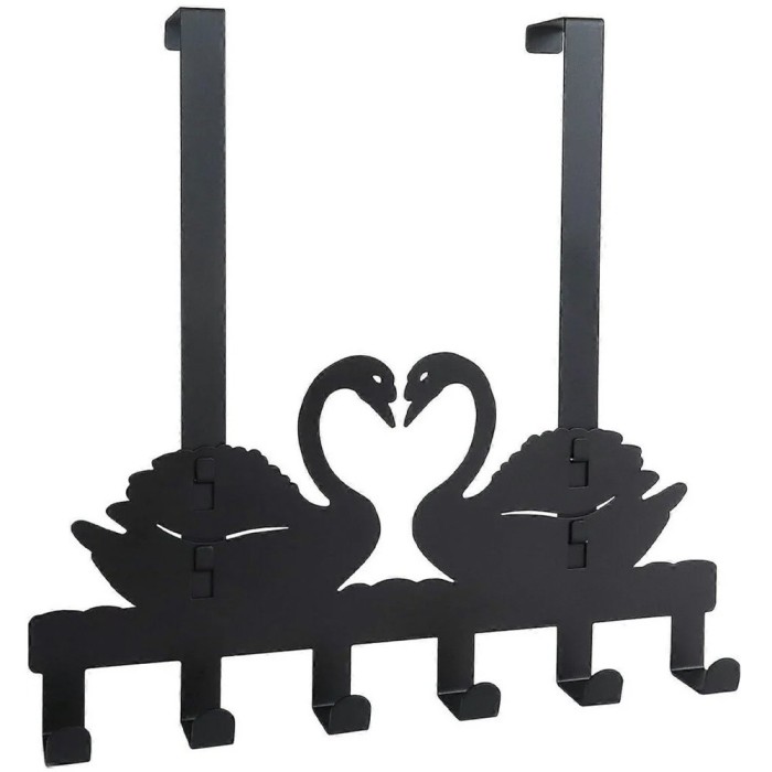 Cuier metalic pentru usa in forma de lebada, cu carlige &ndash; suport decorativ și practic pentru haine și accesorii, 33 x 18 cm, negru