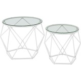 VASAGLE Set 2 masute rotunde, blat sticla securizata, cadru metalic alb, 40 si 50 cm, alb Household NewTrend