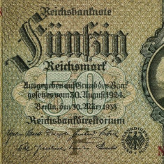 GERMANIA █ bancnota █ 50 Reichsmark █ 1933 █ P-182a █ UNC █ necirculata