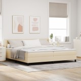 Pat cu arcuri vidaXL cu saltea crem 200x200 cm din material tapițat, Tăblie cu design liniar vidaXL crem 200 cm din material tapițat