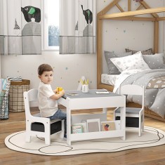 HOMCOM Set de Masa ?i Scaun pentru Copii, Set de Birou ?i Scaun pentru Copii 2-in-1 cu Tabla ?i Rafturi pentru Car?i, 61.5x61.5x48 cm, Gri foto