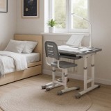 Set birou reglabil pentru copii cu scaun ergonomic, lampa LED USB, blat inclinabil, suport carti si organizator, 70 x 51 cm, culoare gri/alb, pentru s