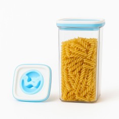 Recipient depozitare alimente 2l transparent cu capac albastru-alb, cutie tip container pentru cereale, paste, faina sau gustari, 11.5x23 cm