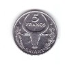 Moneda Madagascar 5 francs/franci 1 ariary 1996, stare foarte buna, curata, Africa, Fier