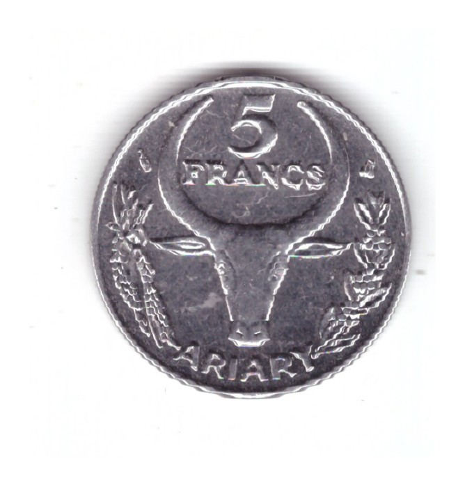 Moneda Madagascar 5 francs/franci 1 ariary 1996, stare foarte buna, curata