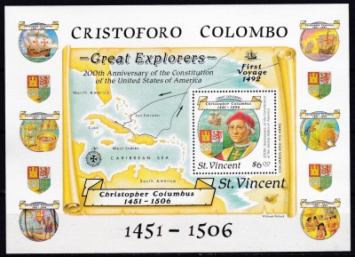 DB1 St.Vincent 1988 Descoperirea Americii Columb 200 Ani Constitutia USA SS MNH foto