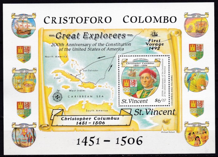 DB1 St.Vincent 1988 Descoperirea Americii Columb 200 Ani Constitutia USA SS MNH