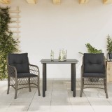 Set Bistro Gradina 3 Piese vidaXL, Gri Poliratan, Masa Sticla, Scaune cu Perne Lavabile, Exterior/Balcon