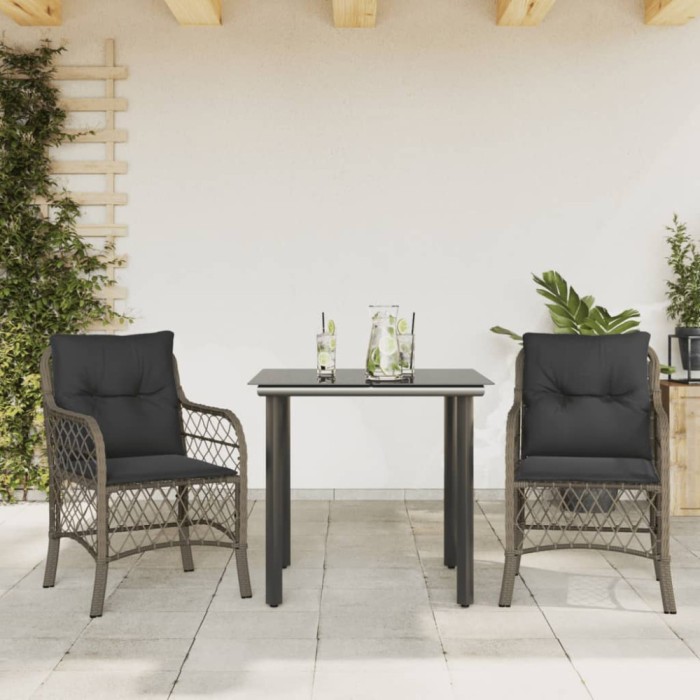 vidaXL Set bistro de grădină cu perne, 3 piese, gri, poliratan 3212131