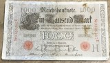 BNKSTR02DE Bancnotă Germania 1000 Mărci / Mark 1910, Serie Roșie, Stare VG (Pătată, Uzură Uniformă și Margini Tocite)
