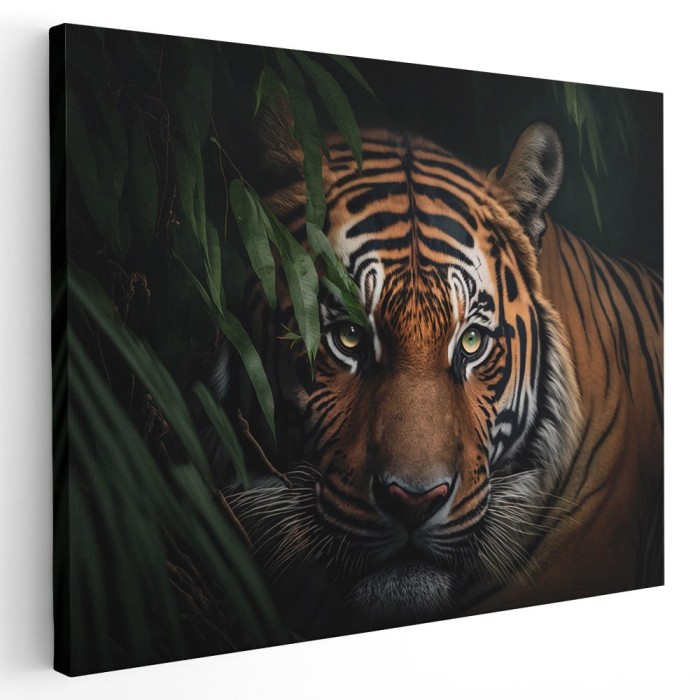 Tablou canvas tigru in salbaticie, negru, maro, verde 1113 Tablou canvas pe panza CU RAMA 70x100 cm