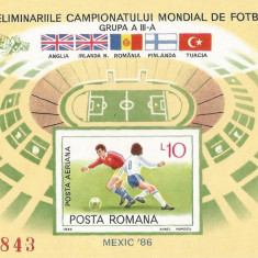|Romania, LP 1140/1985, Preliminariile C.M. de Fotbal, Mexic, colita ned., MNH