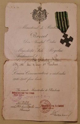 Brevet si Medalie Crucea Comemorativa 1916 - 1918. foto