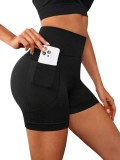 Pantaloni scurti sport dama cu buzunar, talie inalta, efect push-up, elastici, Negru - S, Oem