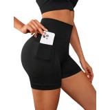 Pantaloni scurti sport dama cu buzunar, talie inalta, efect push-up, elastici, Negru - S