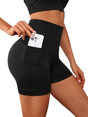 Pantaloni scurti sport dama cu buzunar, talie inalta, efect push-up, elastici, Negru - S foto