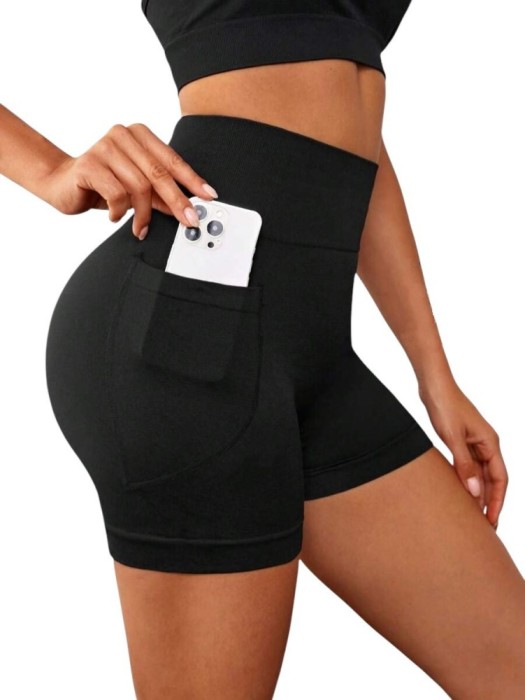 Pantaloni scurti sport dama cu buzunar, talie inalta, efect push-up, elastici, Negru - S