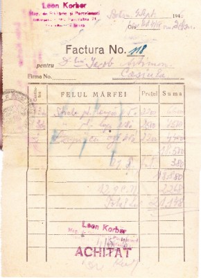 AMS - FACTURA NR. 118 LEON KERBER MAG. STICLARIE SI PORTELANURI BOTOSANI 1946 foto
