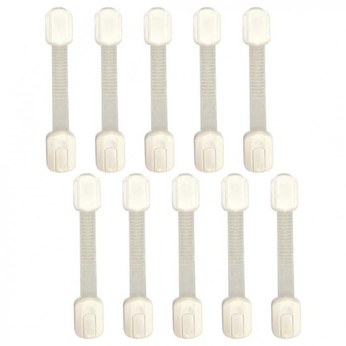 Siguranta usi copii, blocator sertare, dulap, usa cuptor, frigider, lungime reglabila, adeziv puternic 3M, BZRSH, set 10 bucati, alb